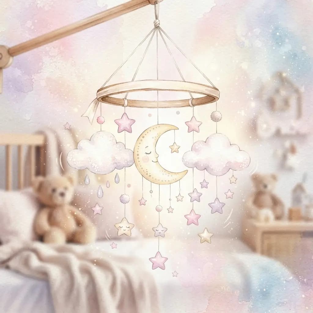 Star and moon mobile above a crib in soft watercolor