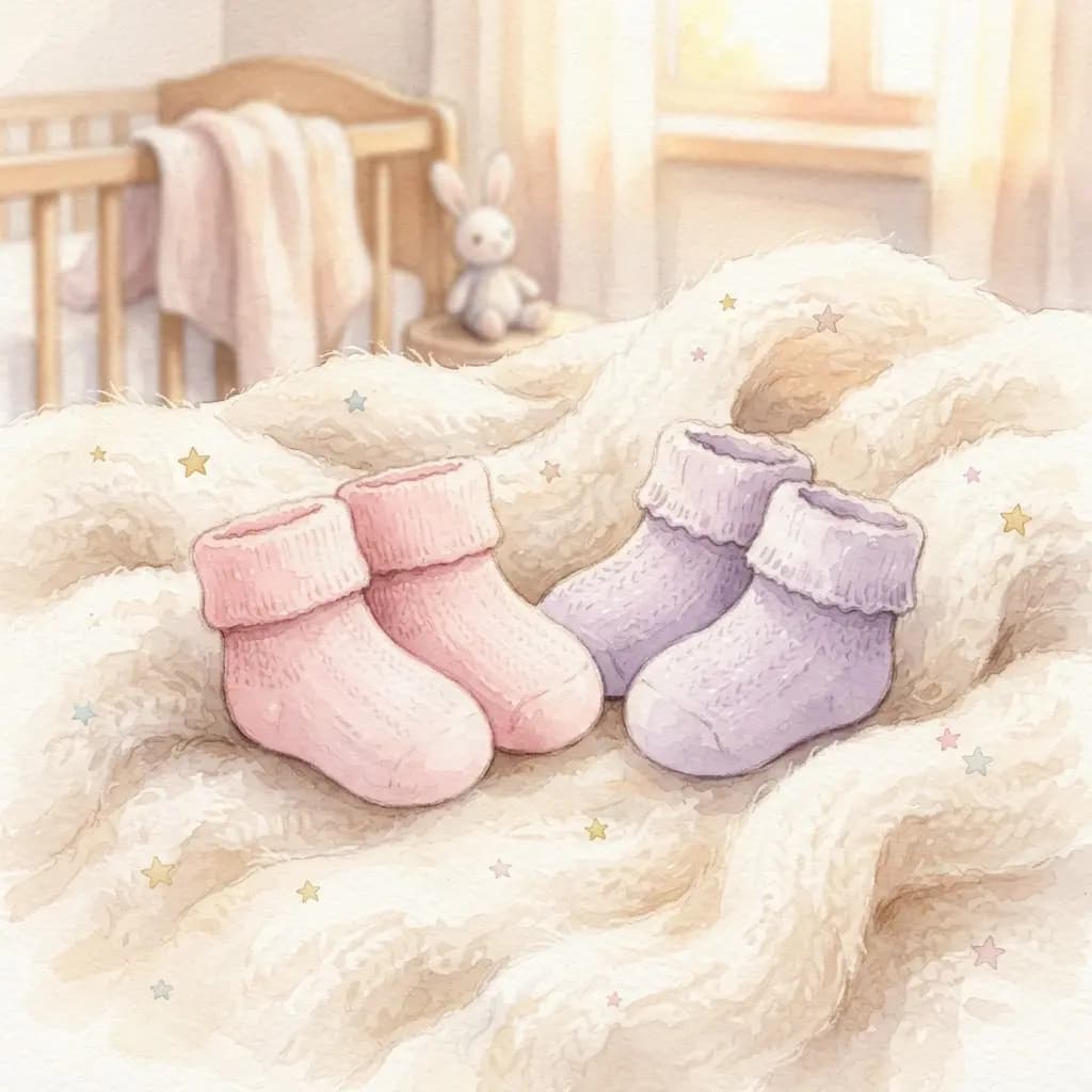 Pair of pink and lilac baby socks on a knitted blanket