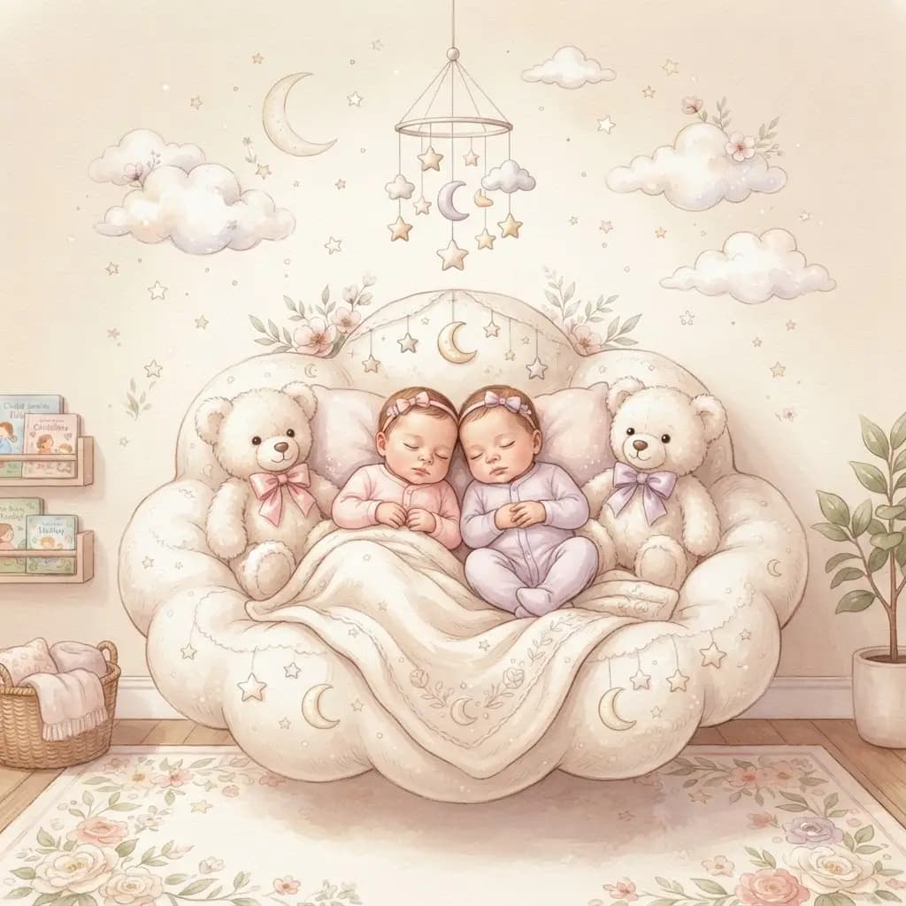 Two babies sleeping cuddled with teddy bears in a cream-toned room